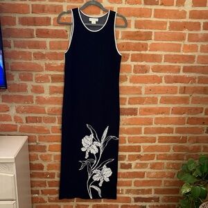 Cynthia Rowley Black Midi Dress with White Floral Pattern